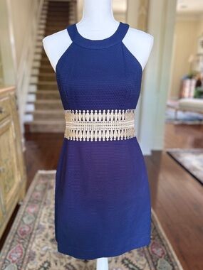 Lilly Pulitzer Navy Halter Dress with Crochet Metallic Gold Waist